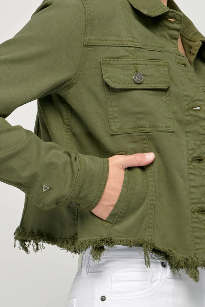 Rebel Olive Frayed Crop Jacket Sage and Co