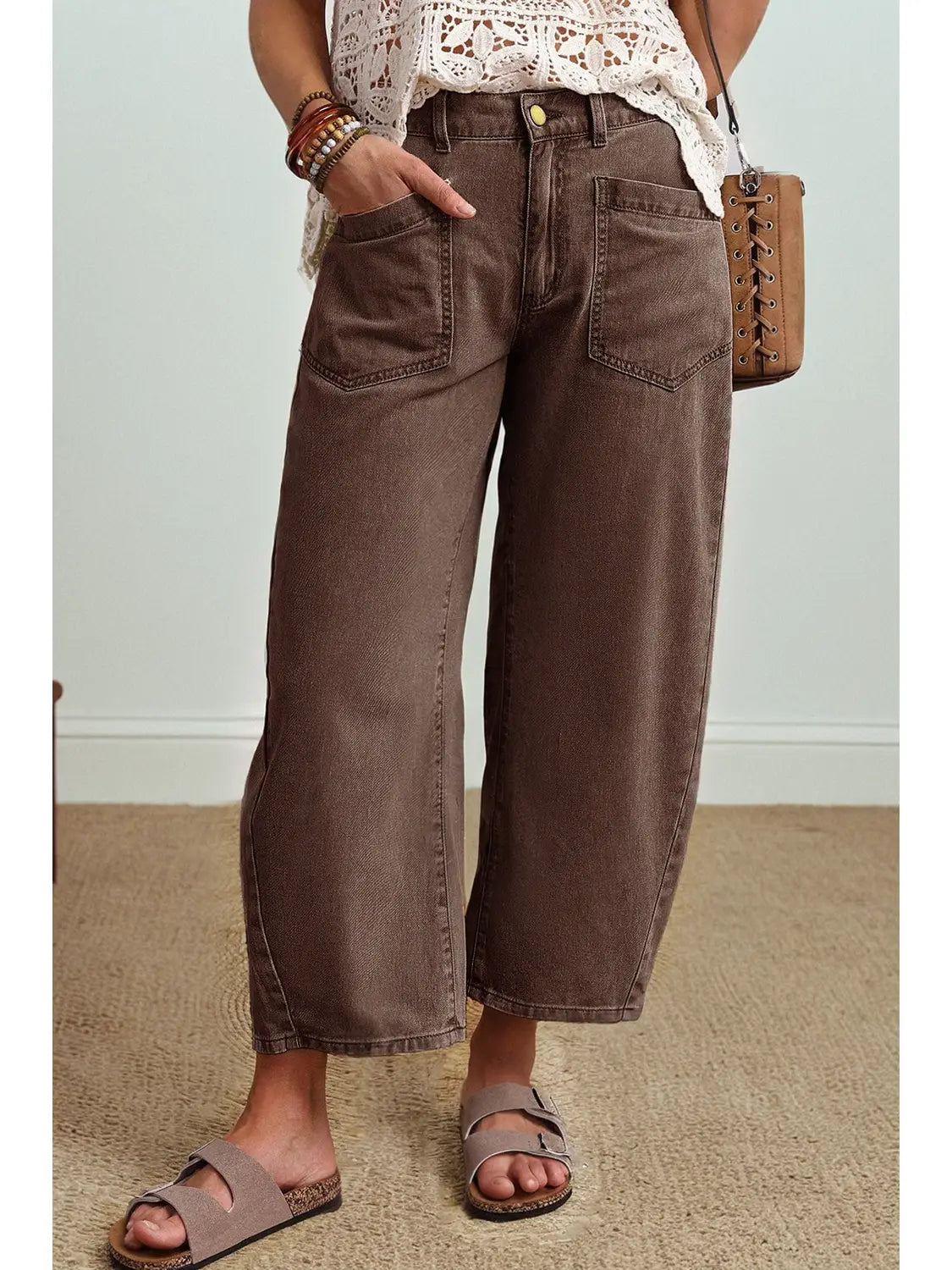 Patch Pocket Brown Barrel Jeans