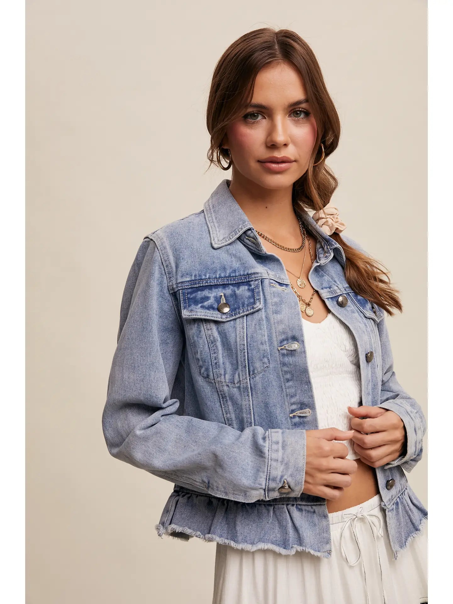 Denim Jacket With Ruffle