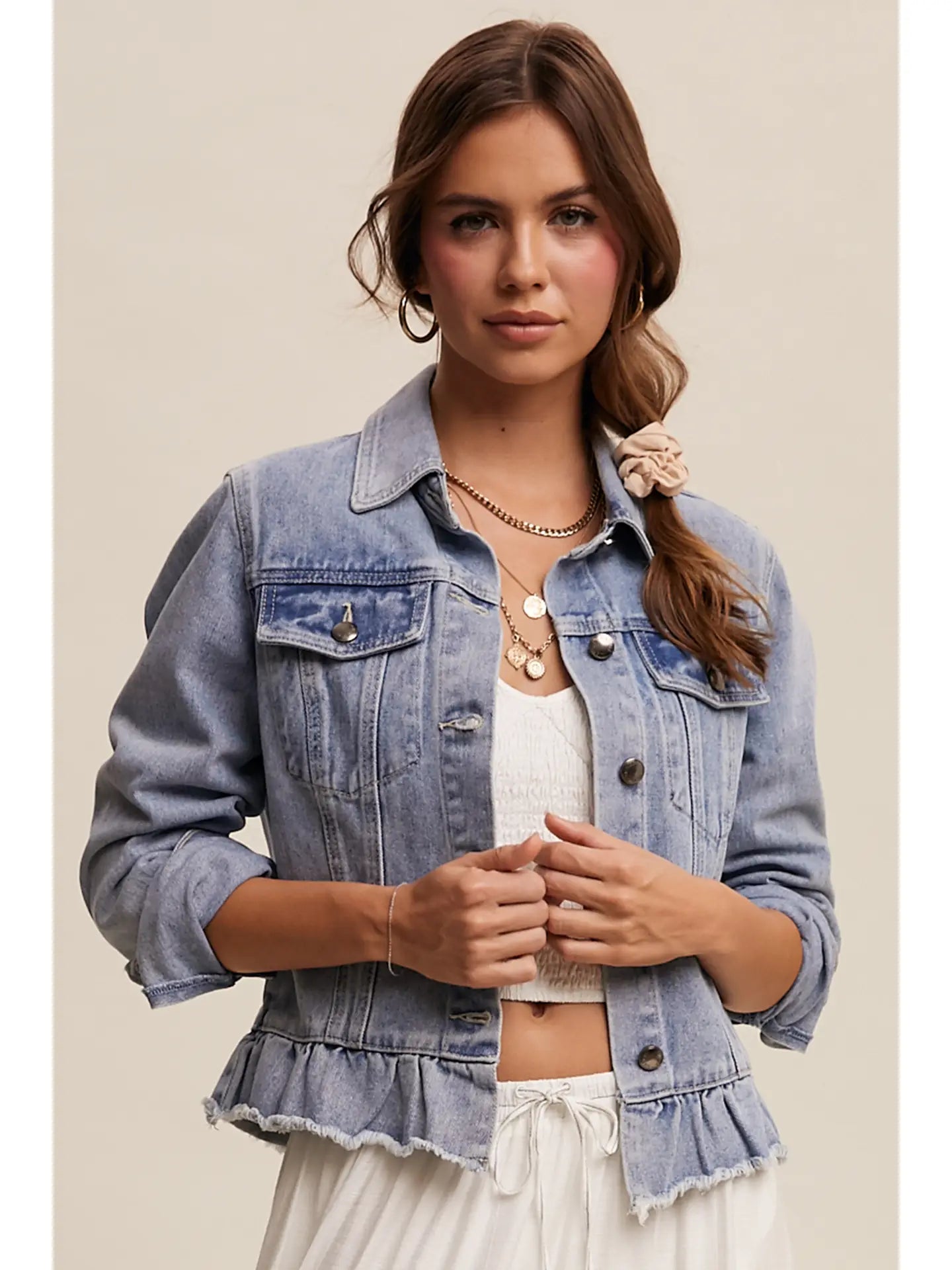 Denim Jacket With Ruffle