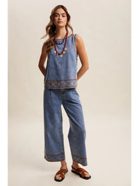 Embroidered Denim tank and pant Set