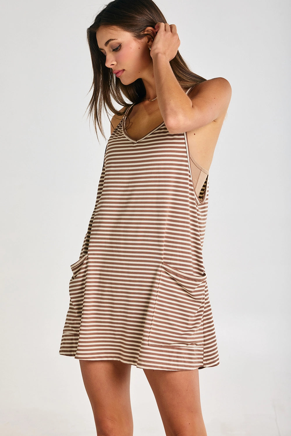 Striped Active Romper Dress Taupe