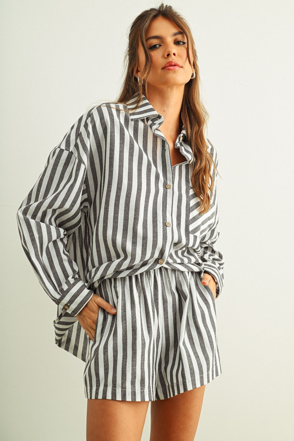 Black Stripe Linen Shorts