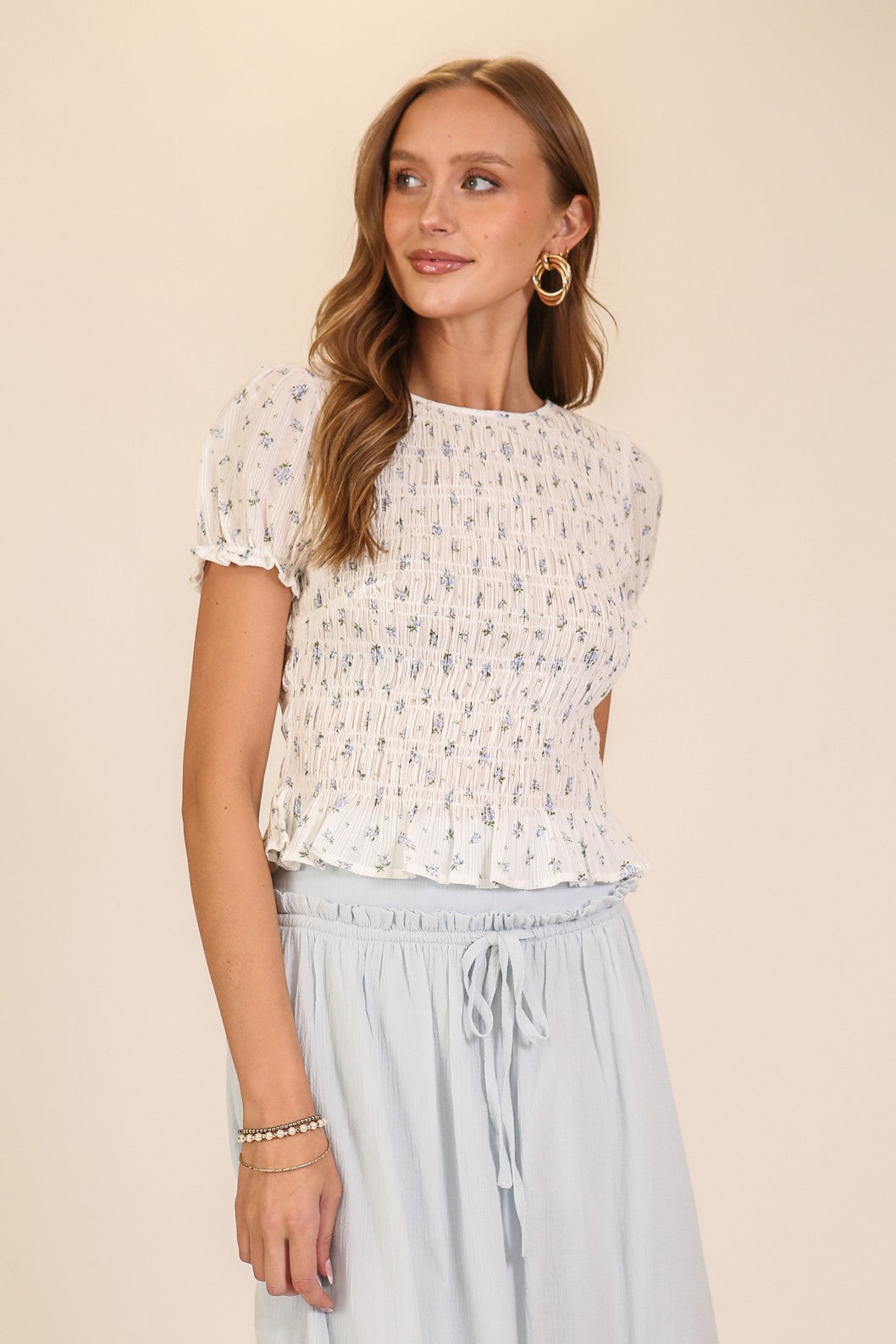 Whitney White Smocked Top