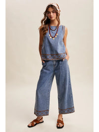 Embroidered Denim tank and pant Set