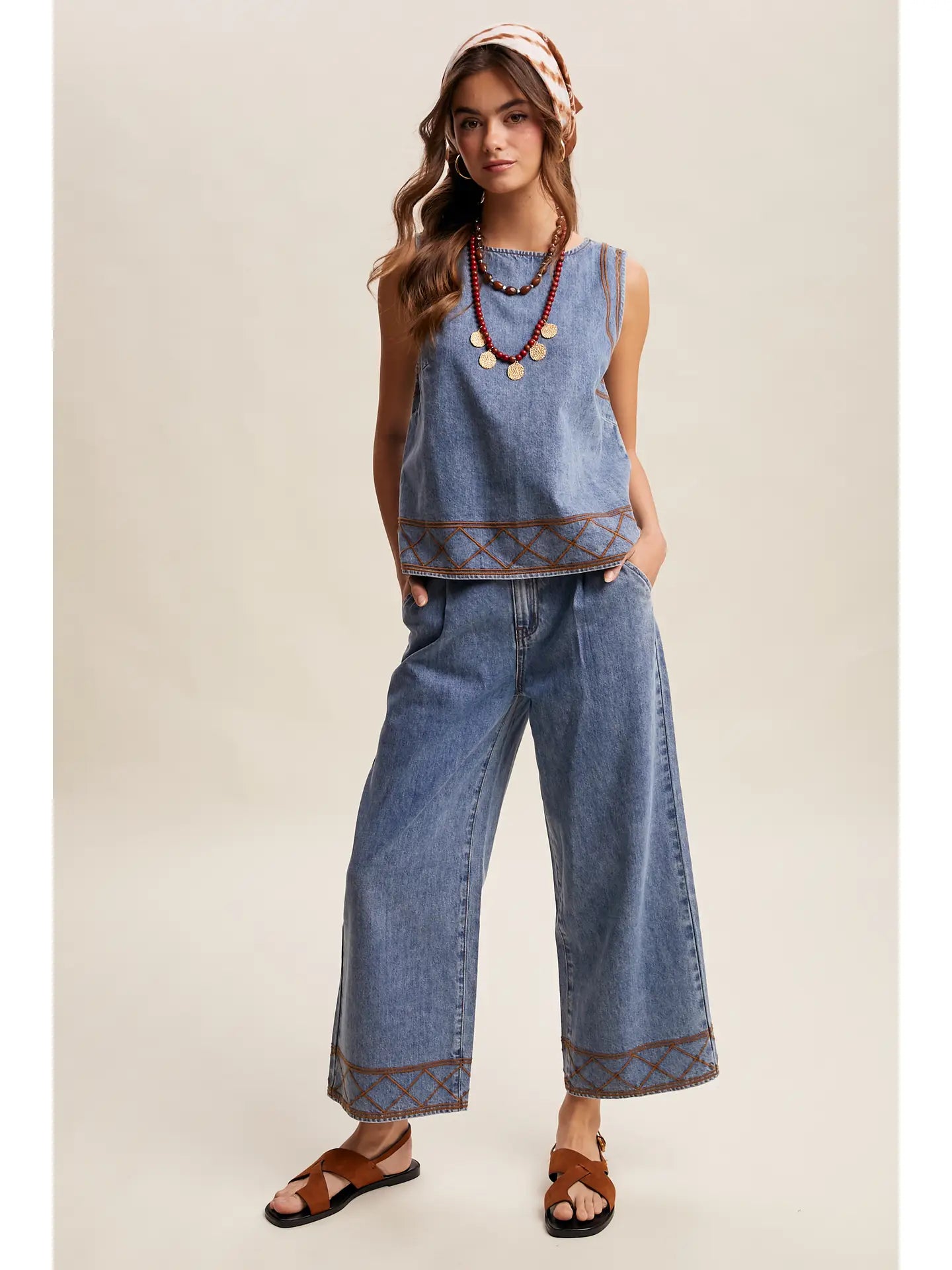 Embroidered Denim tank and pant Set