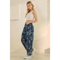 Floral Print Denim Barrel Jeans