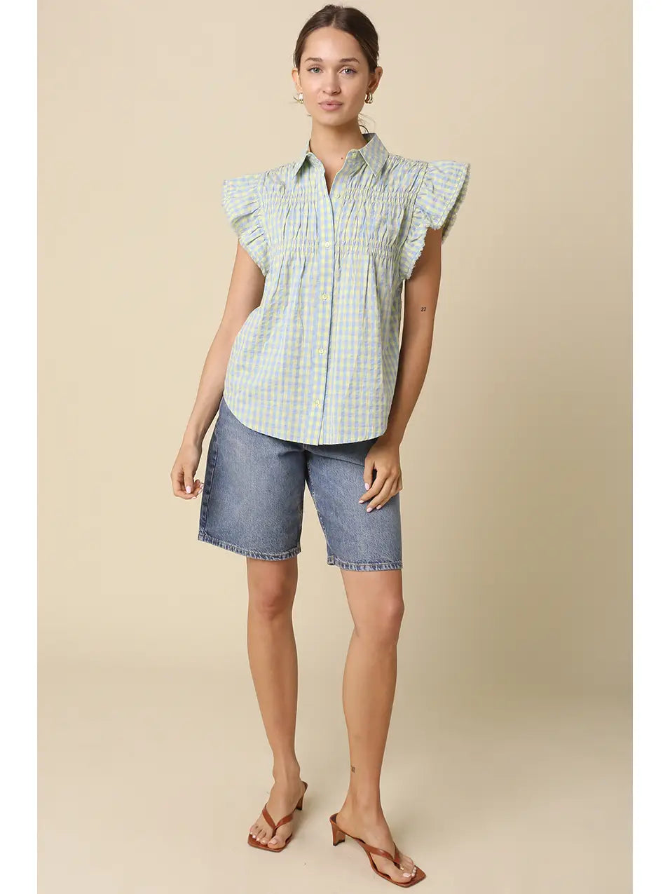 Gingham Pintuck Top