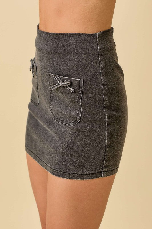Black Denim Skirt with Bows