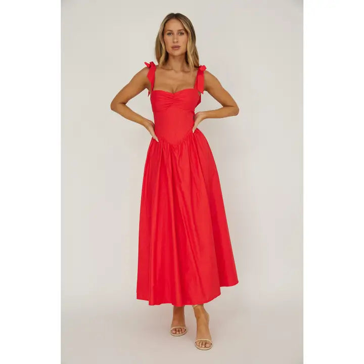Red Shoulder Tie Maxi Dress