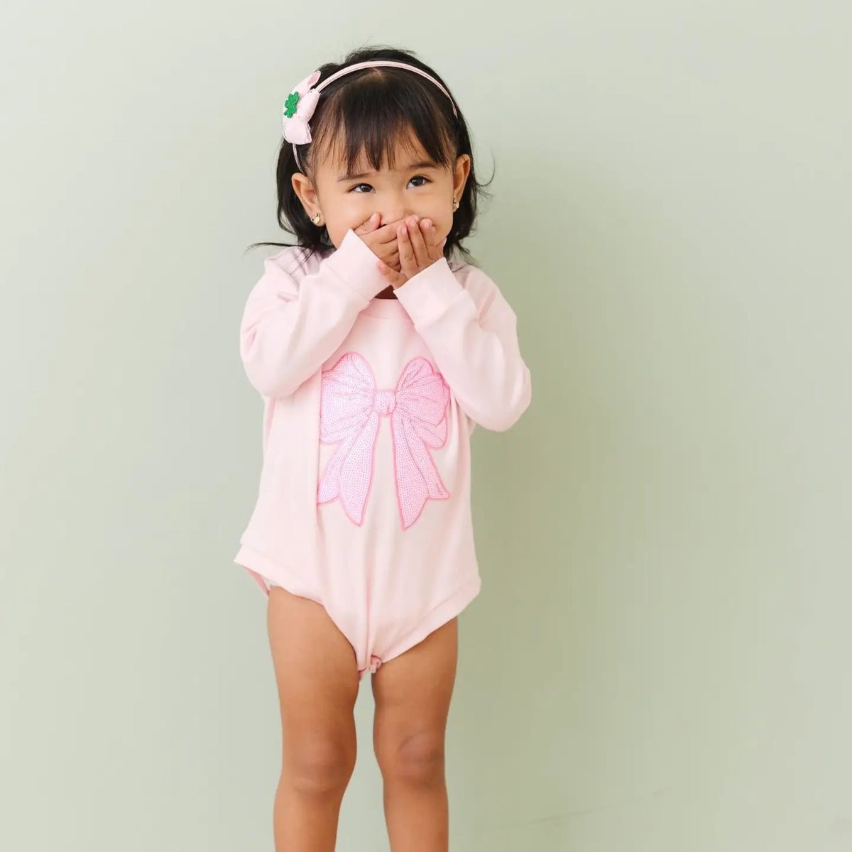 Pink Bow Sequin Patch Romper