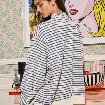 Blake Stripe Mock Neck Sweatshirt Top- Burgundy