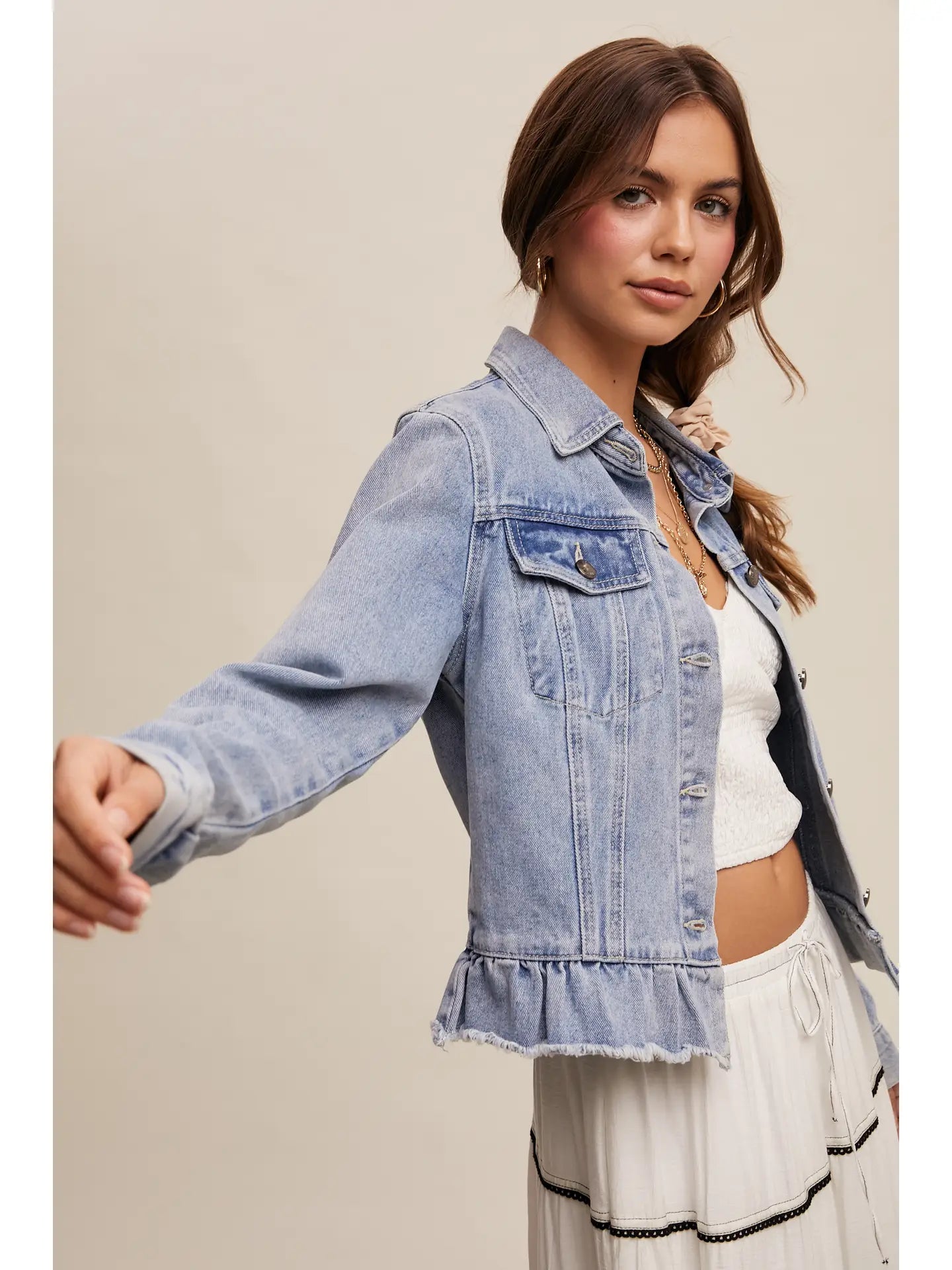 Denim Jacket With Ruffle