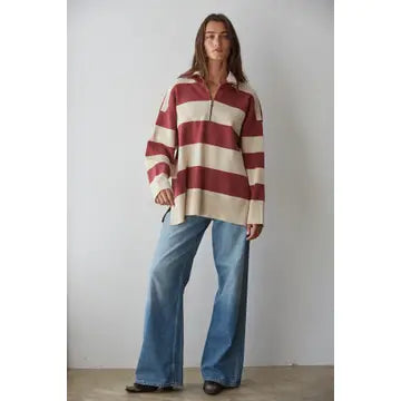 Posha Knit Striped Turtleneck Half Zip Up Top
