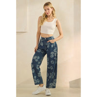 Floral Print Denim Barrel Jeans