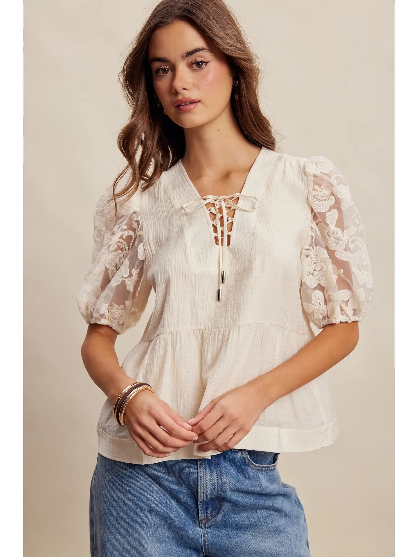 Lace Sleeve Peplum Blouse