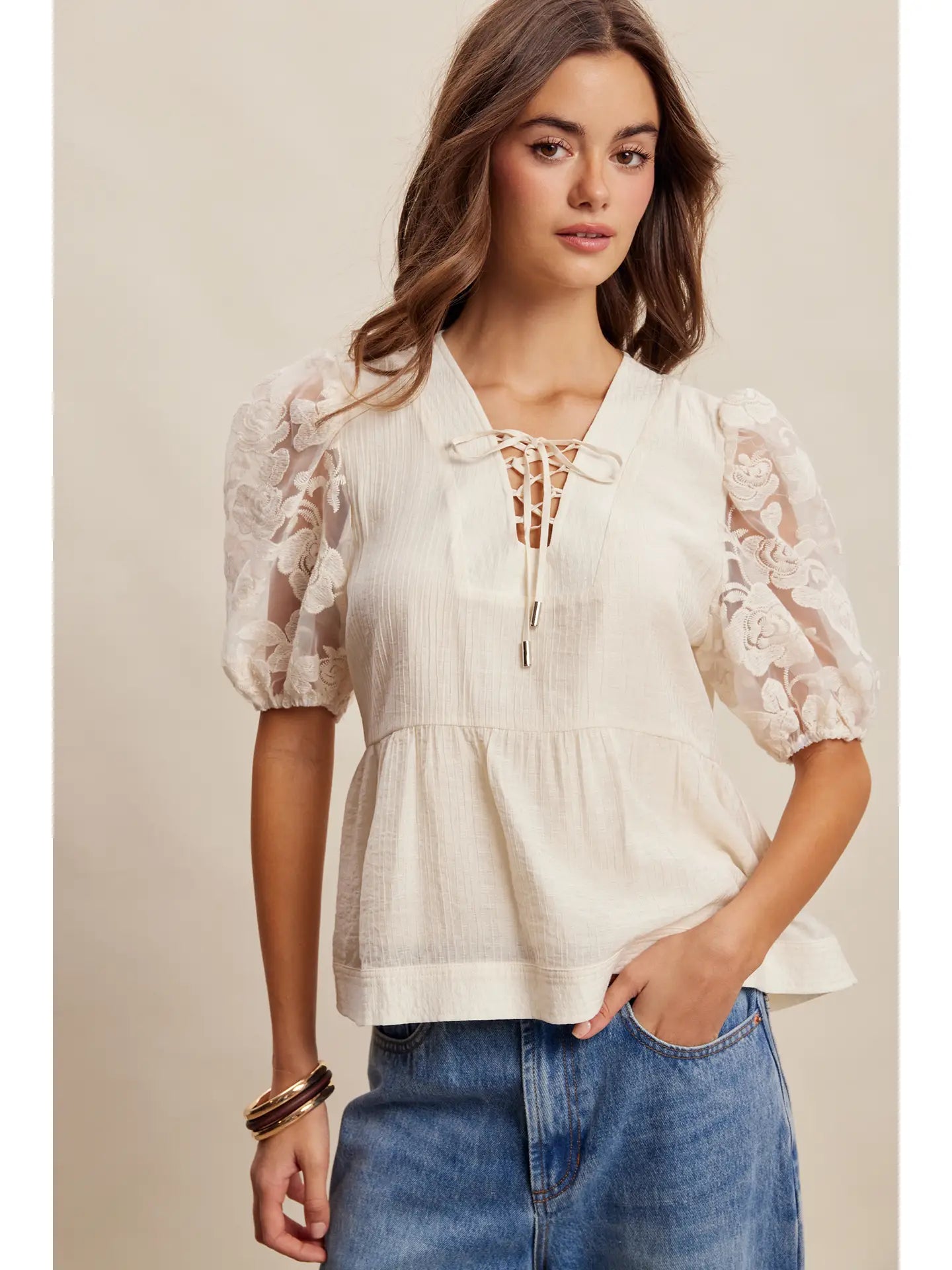Lace Sleeve Peplum Blouse