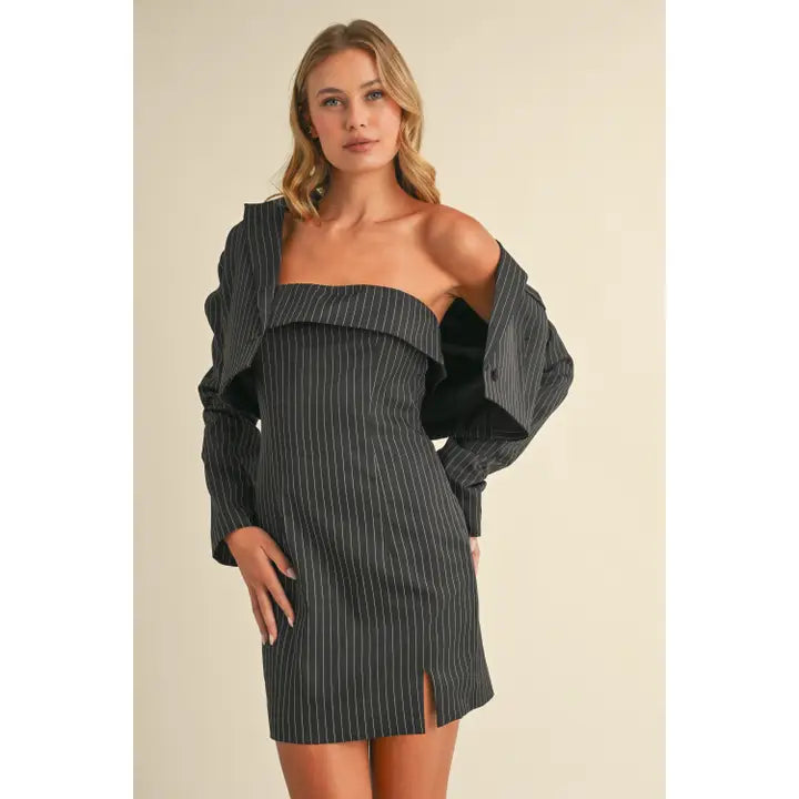 Pinstripe Strapless Dress With Blazer