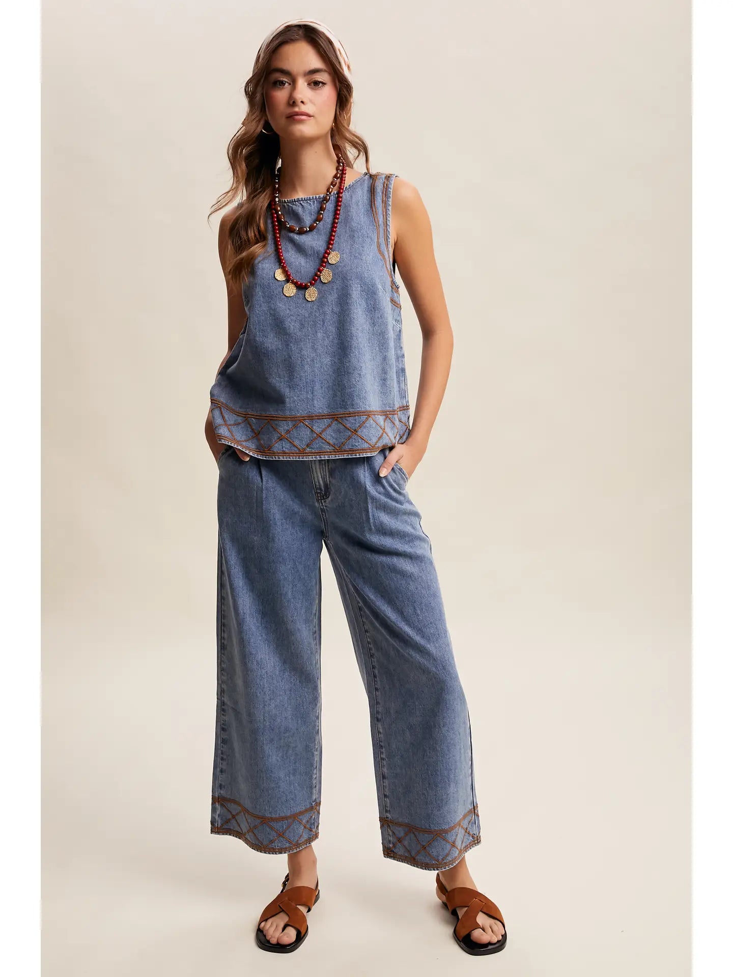 Embroidered Denim tank and pant Set