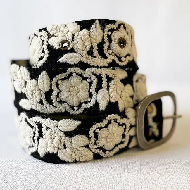 Two-Tone Embroidered Wool Belt (Cream & White)