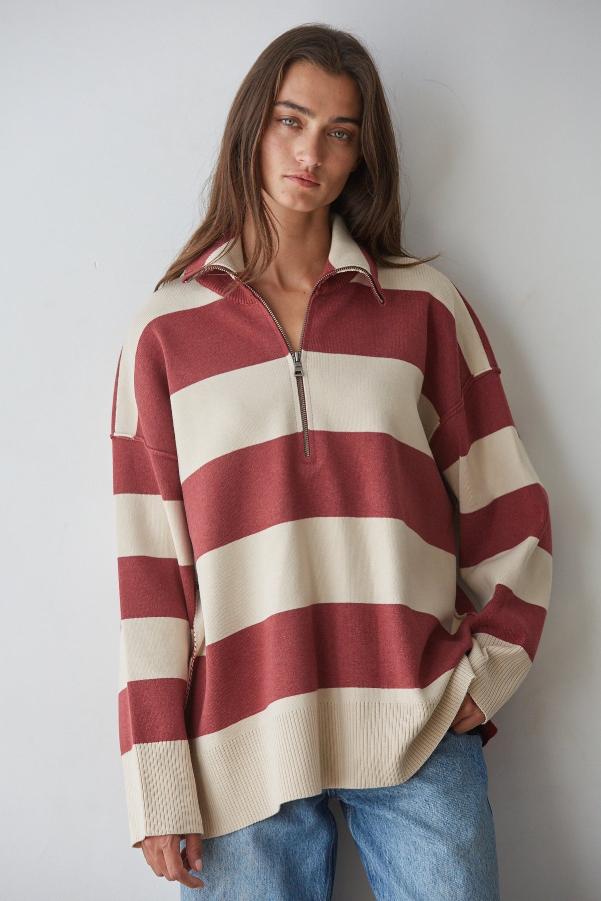 Posha Knit Striped Turtleneck Half Zip Up Top
