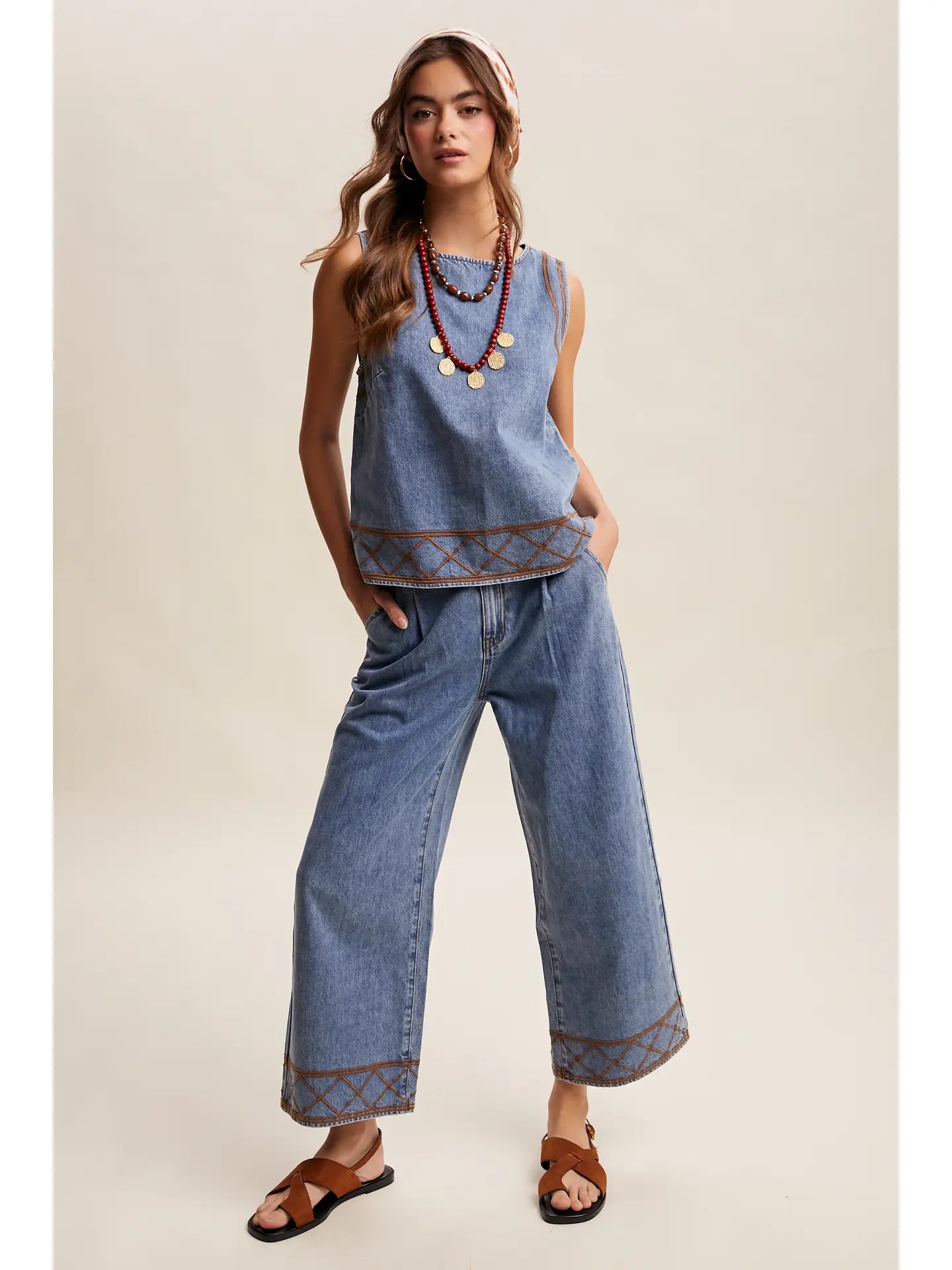 Embroidered Denim tank and pant Set