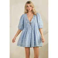 Polka Dot Pleated Denim Romper