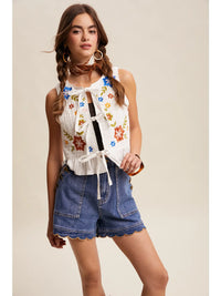 Embroidered Tie Front Vest