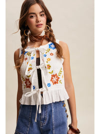 Embroidered Tie Front Vest