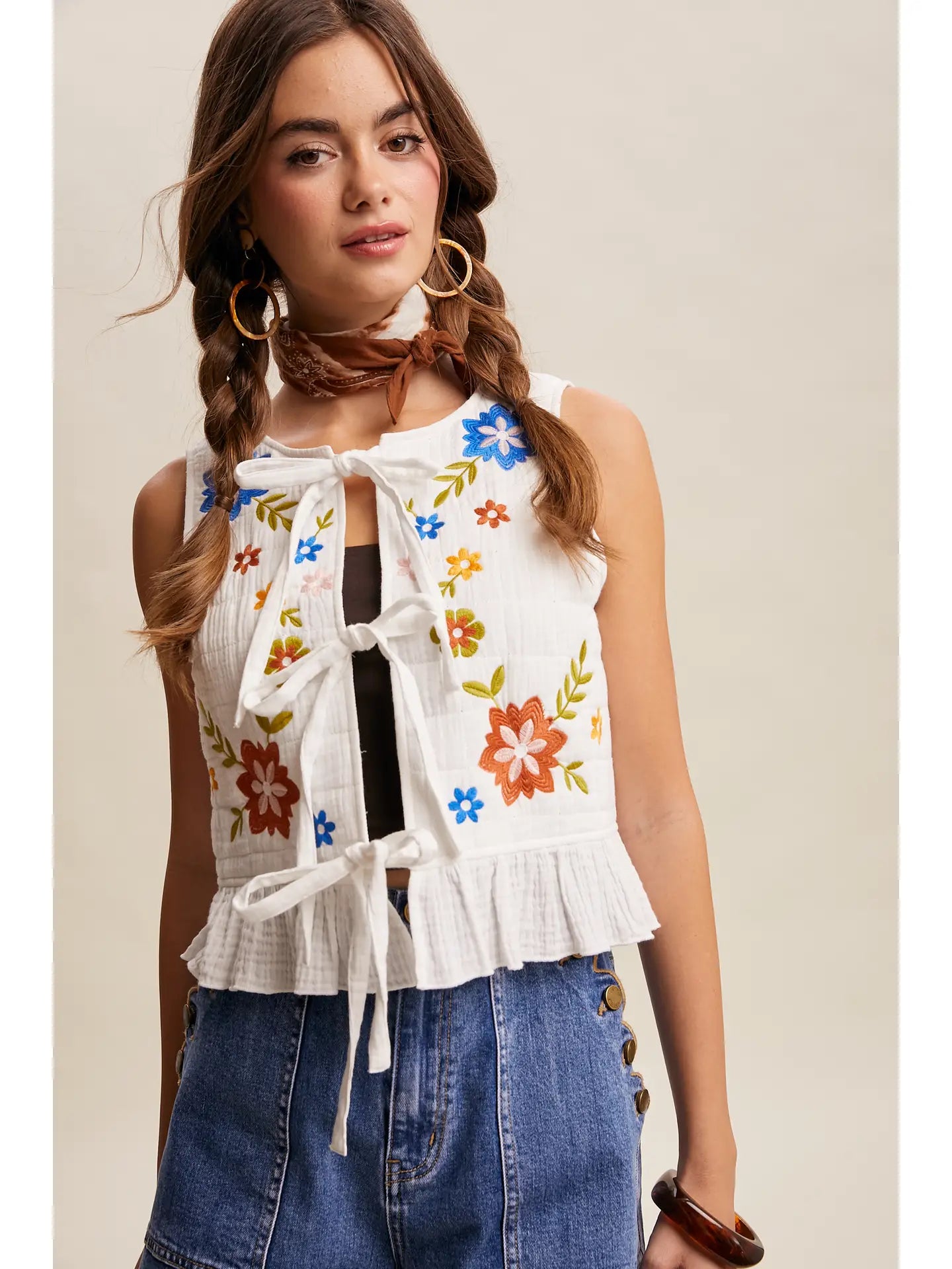Embroidered Tie Front Vest