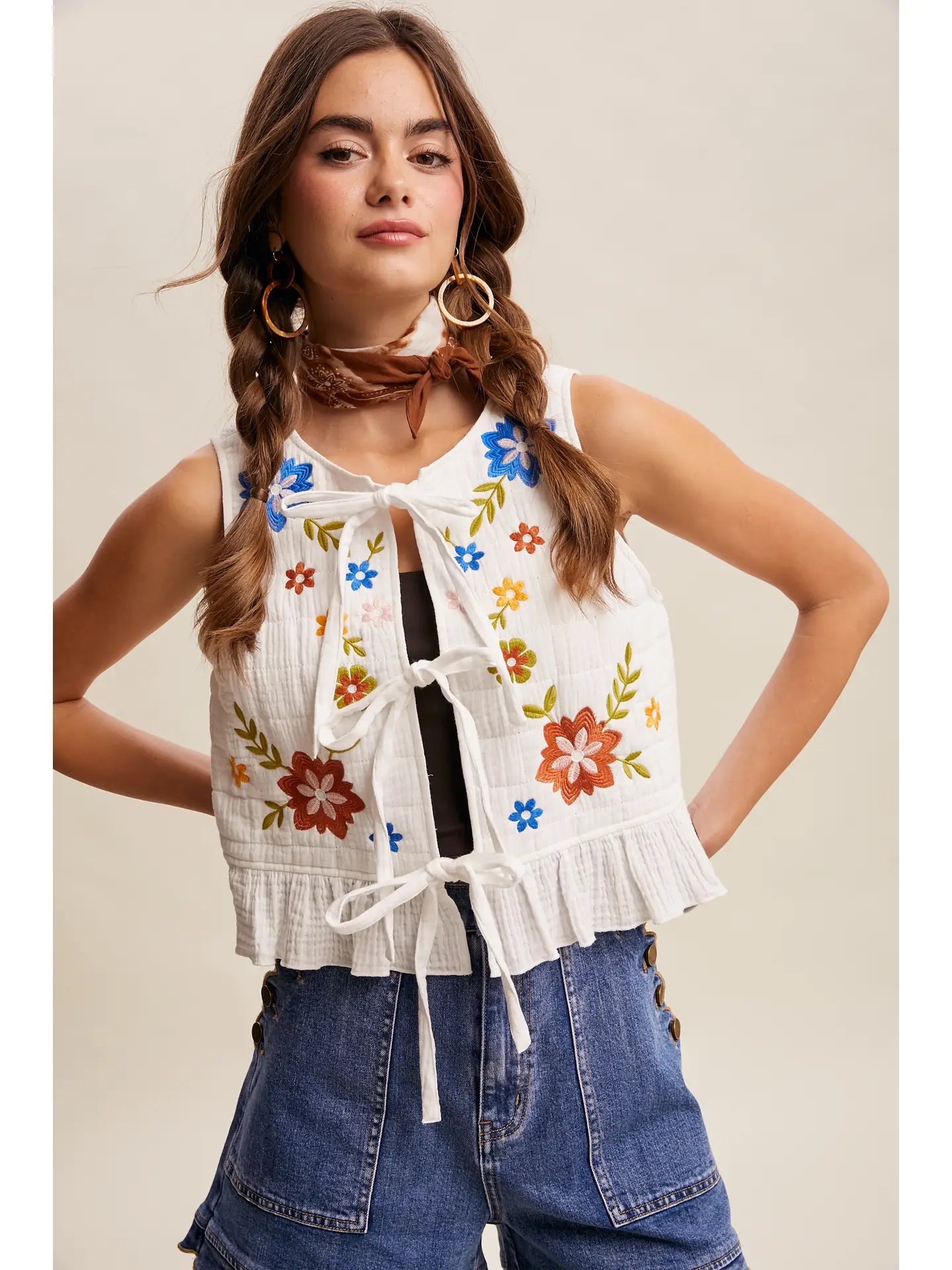 Embroidered Tie Front Vest