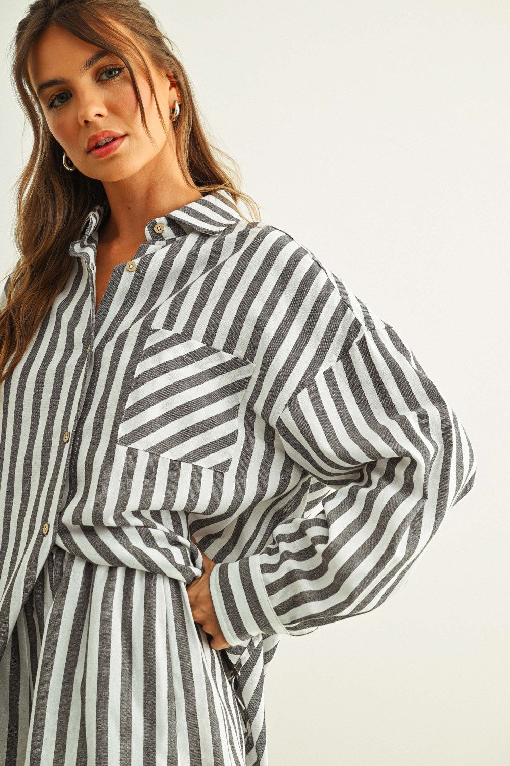 Black Stripe Button Down Top