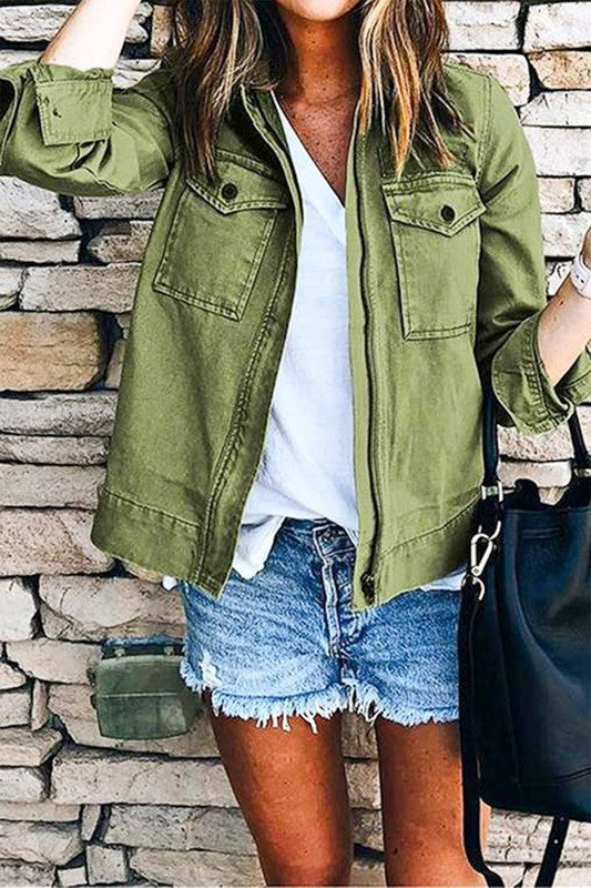 Solid Olive Double Pocket Jacket