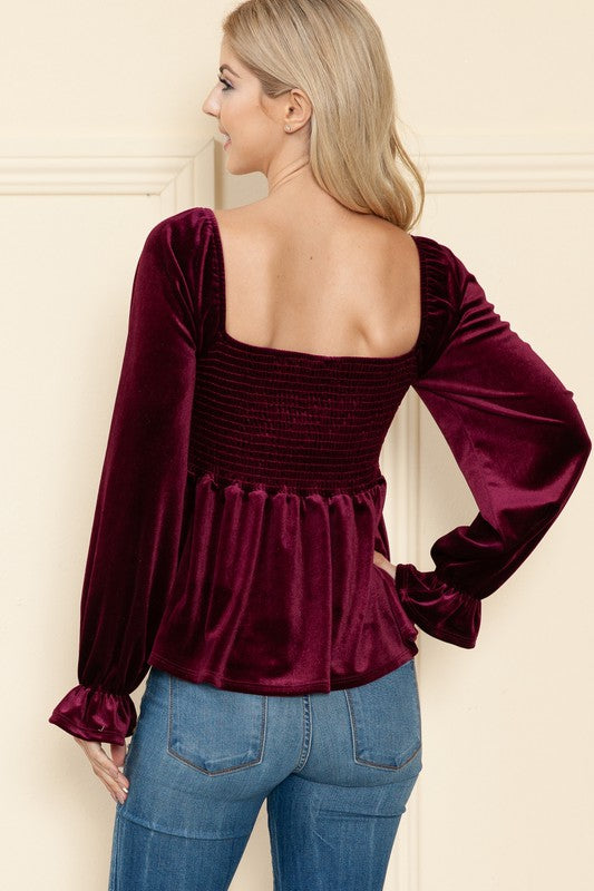 Smock Puff Sleeve Crushed Velvet Top