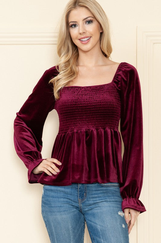 Smock Puff Sleeve Crushed Velvet Top
