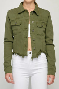 Rebel Olive Frayed Crop Jacket