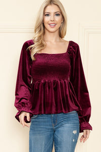 Smock Puff Sleeve Crushed Velvet Top