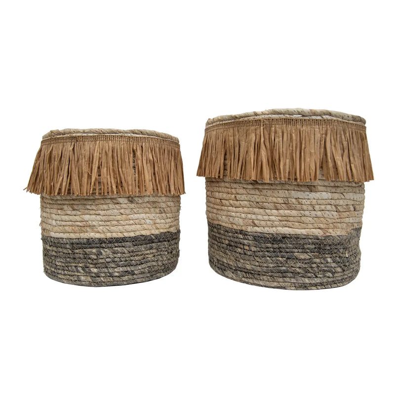 Kacy Natural Woven Baskets with Fringe