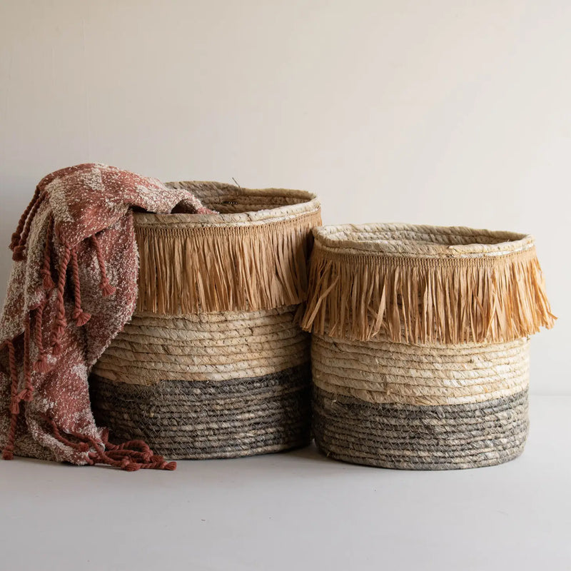 Kacy Natural Woven Baskets with Fringe